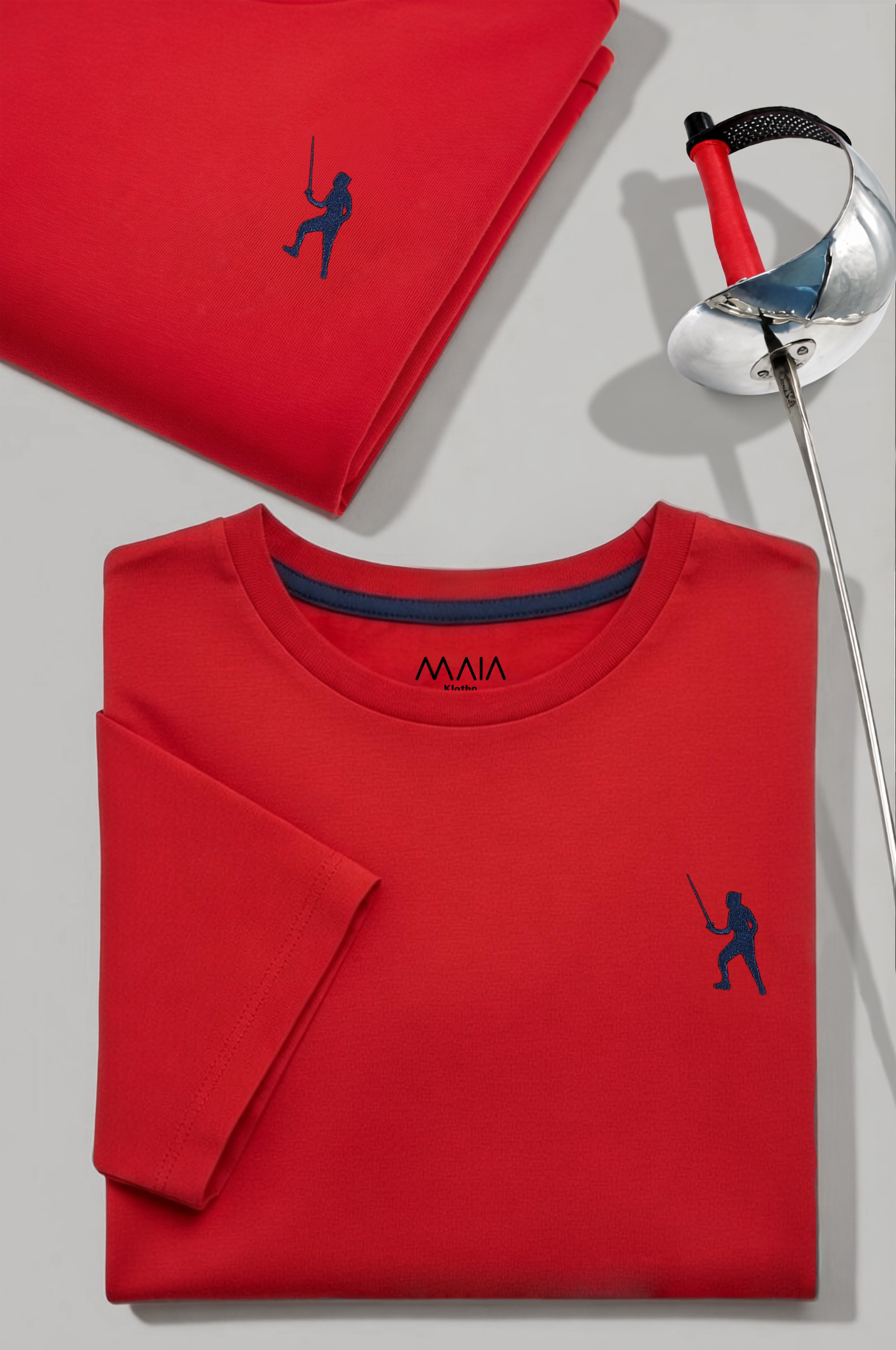 Fencing Embroidered T-Shirt for Boys– Red Tee with Fine Navy Stitching