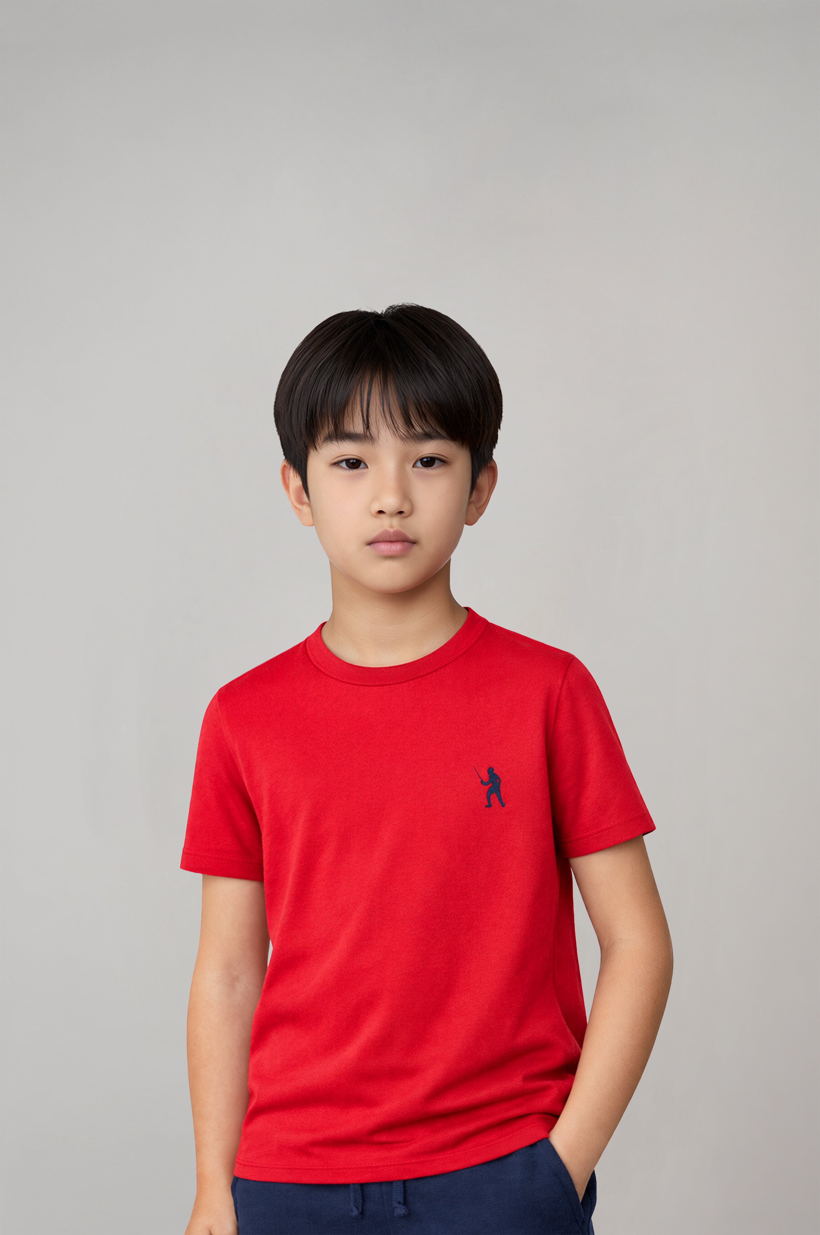 Fencing Embroidered T-Shirt for Boys– Red Tee with Fine Navy Stitching