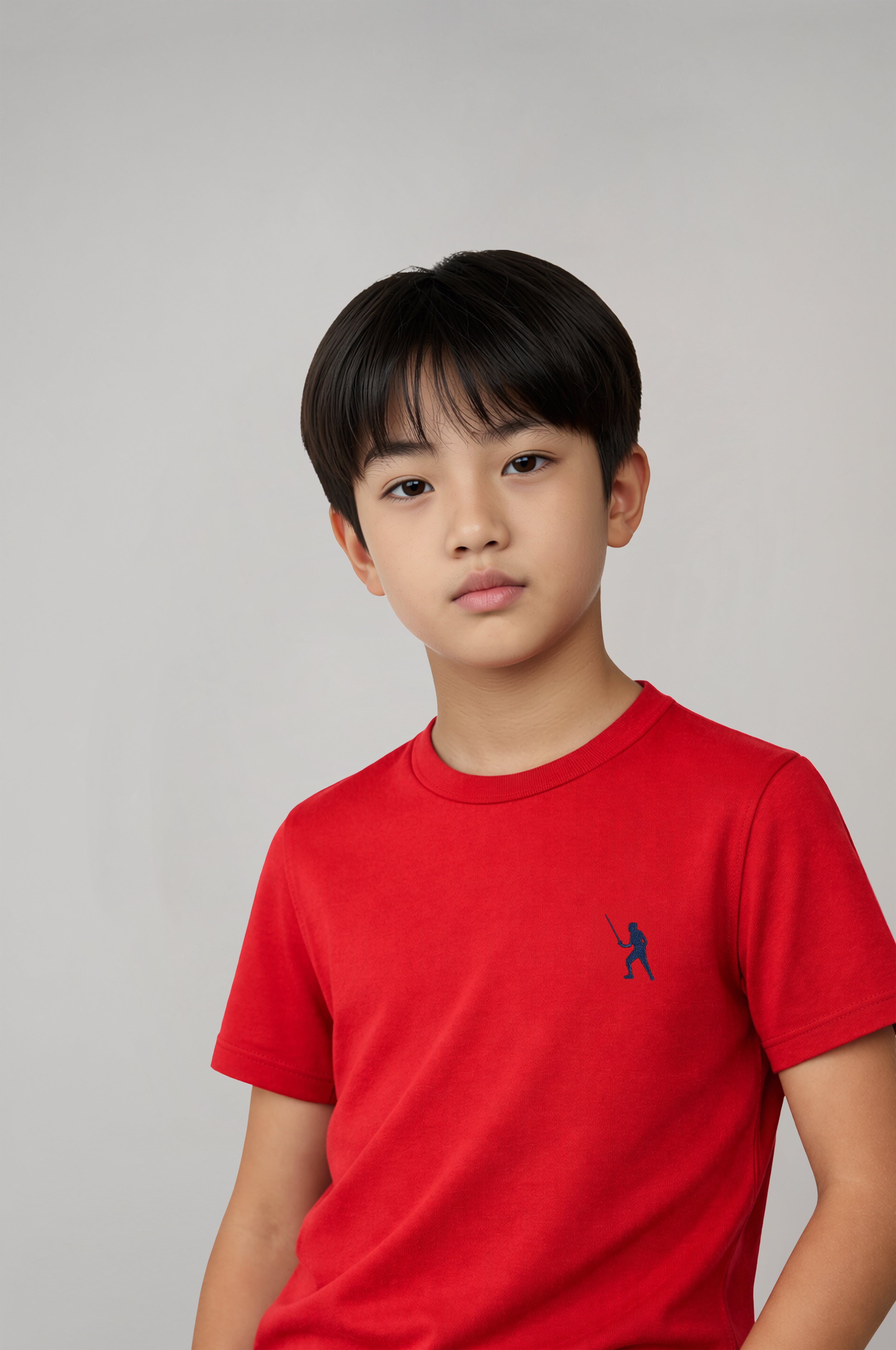 Fencing Embroidered T-Shirt for Boys– Red Tee with Fine Navy Stitching