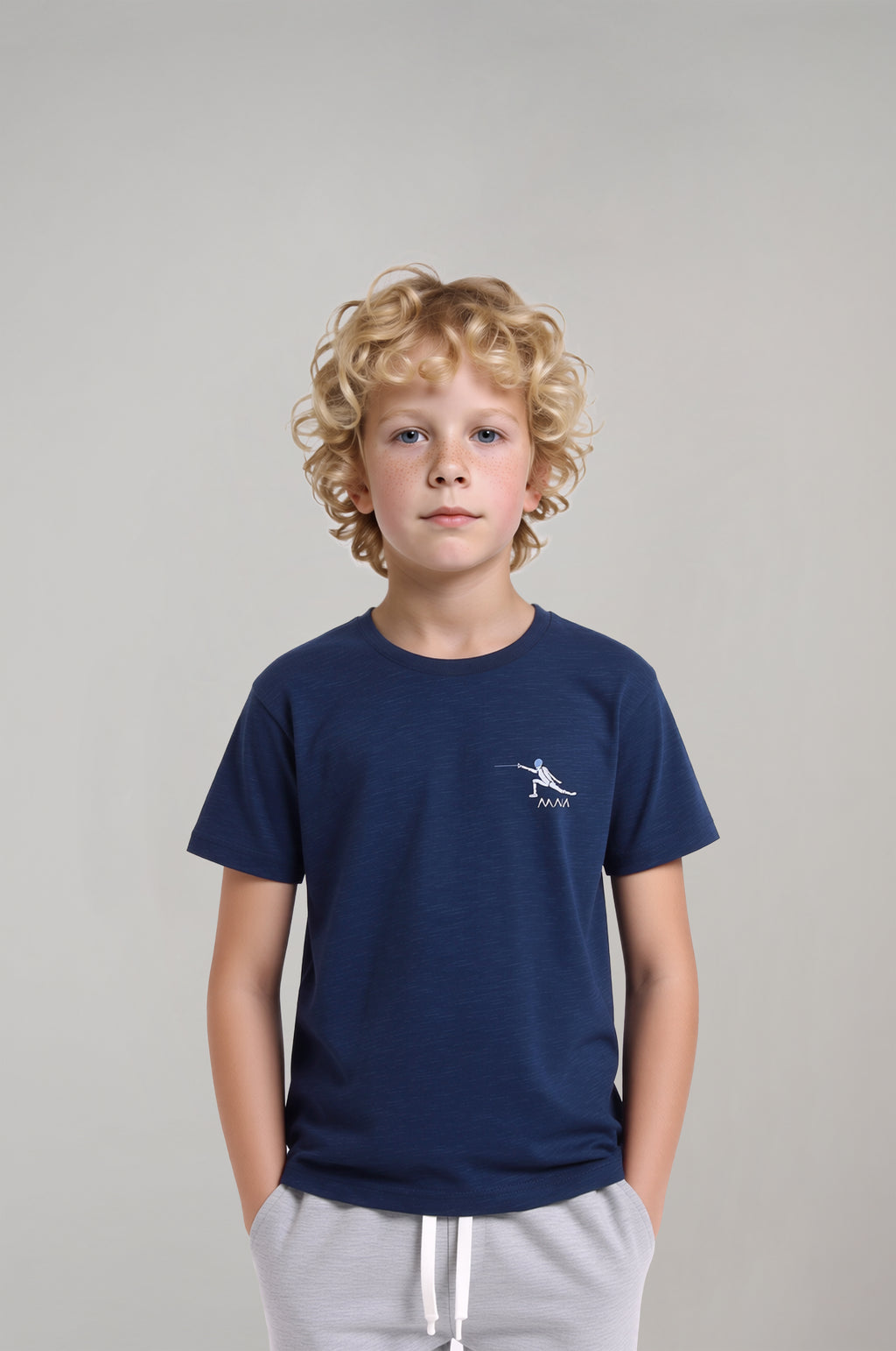 Boys’ Fencing Embroidered T-Shirt – Navy Blue Tee with White Stitch Detail