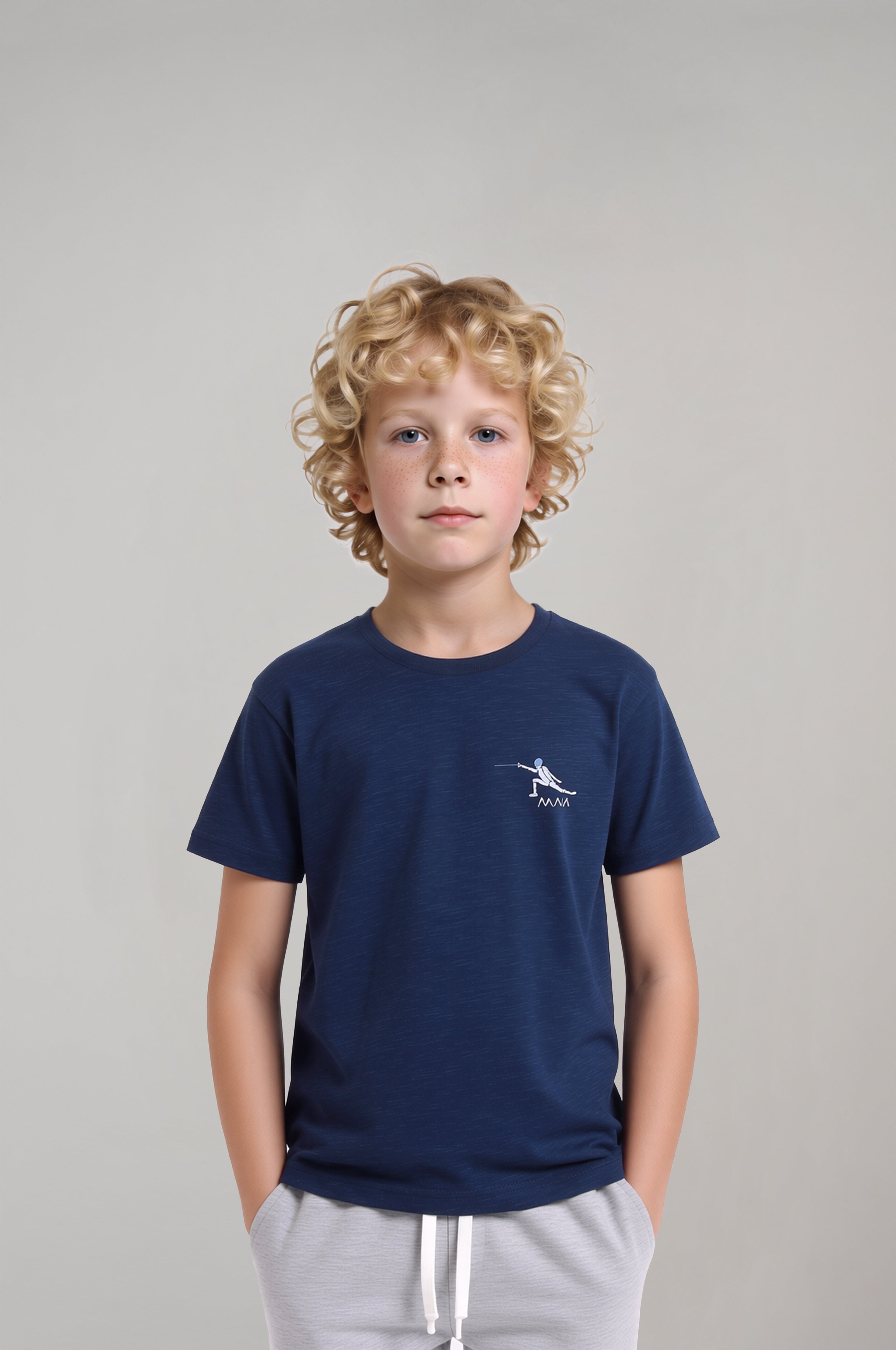 Boys’ Fencing Embroidered T-Shirt – Navy Blue Tee with White Stitch Detail