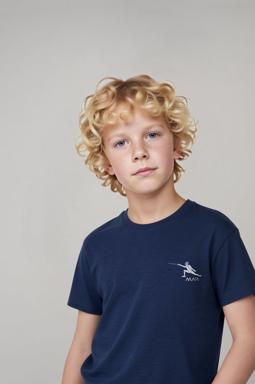 Boys’ Fencing Embroidered T-Shirt – Navy Blue Tee with White Stitch Detail