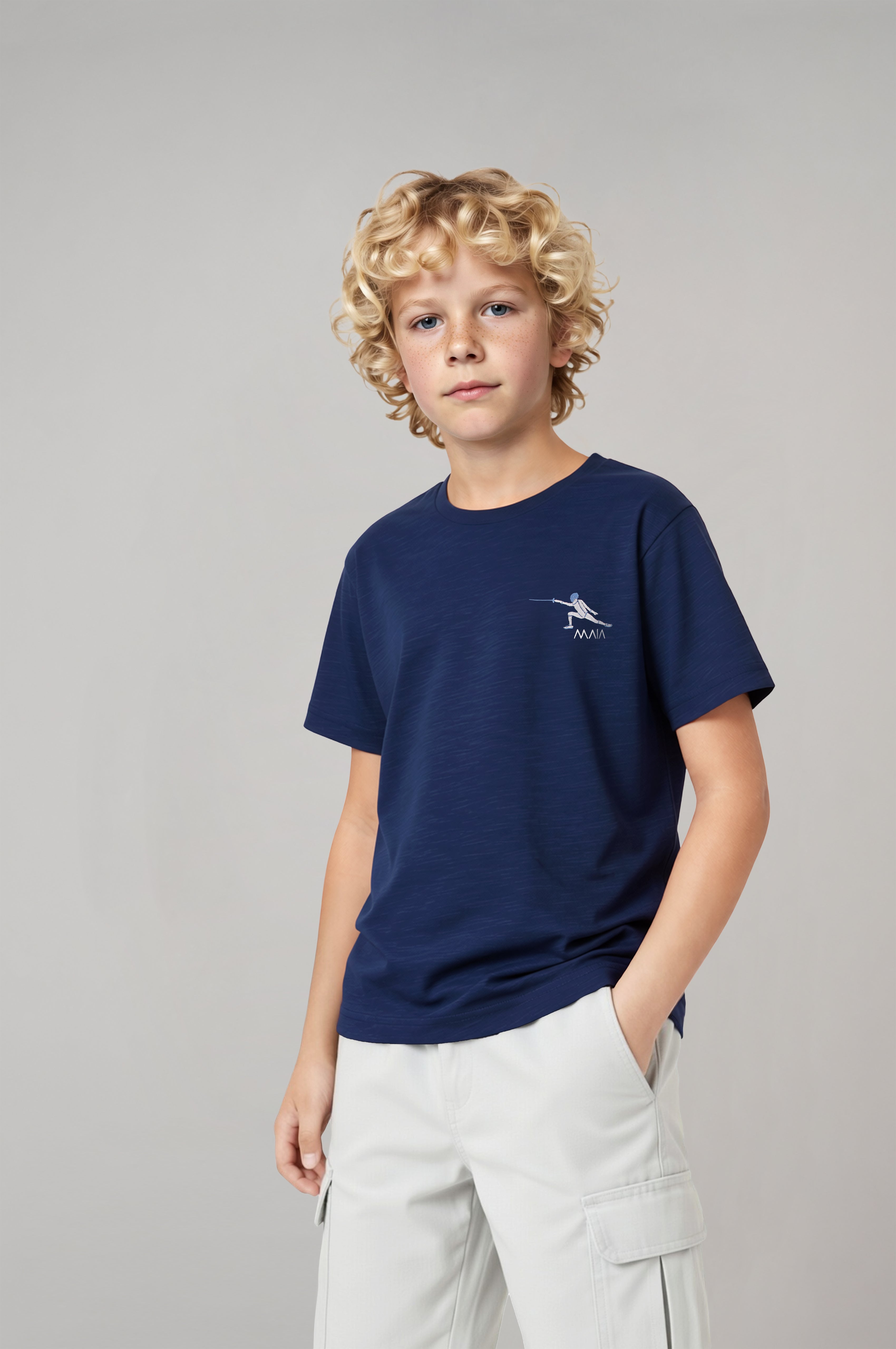 Boys’ Fencing Embroidered T-Shirt – Navy Blue Tee with White Stitch Detail