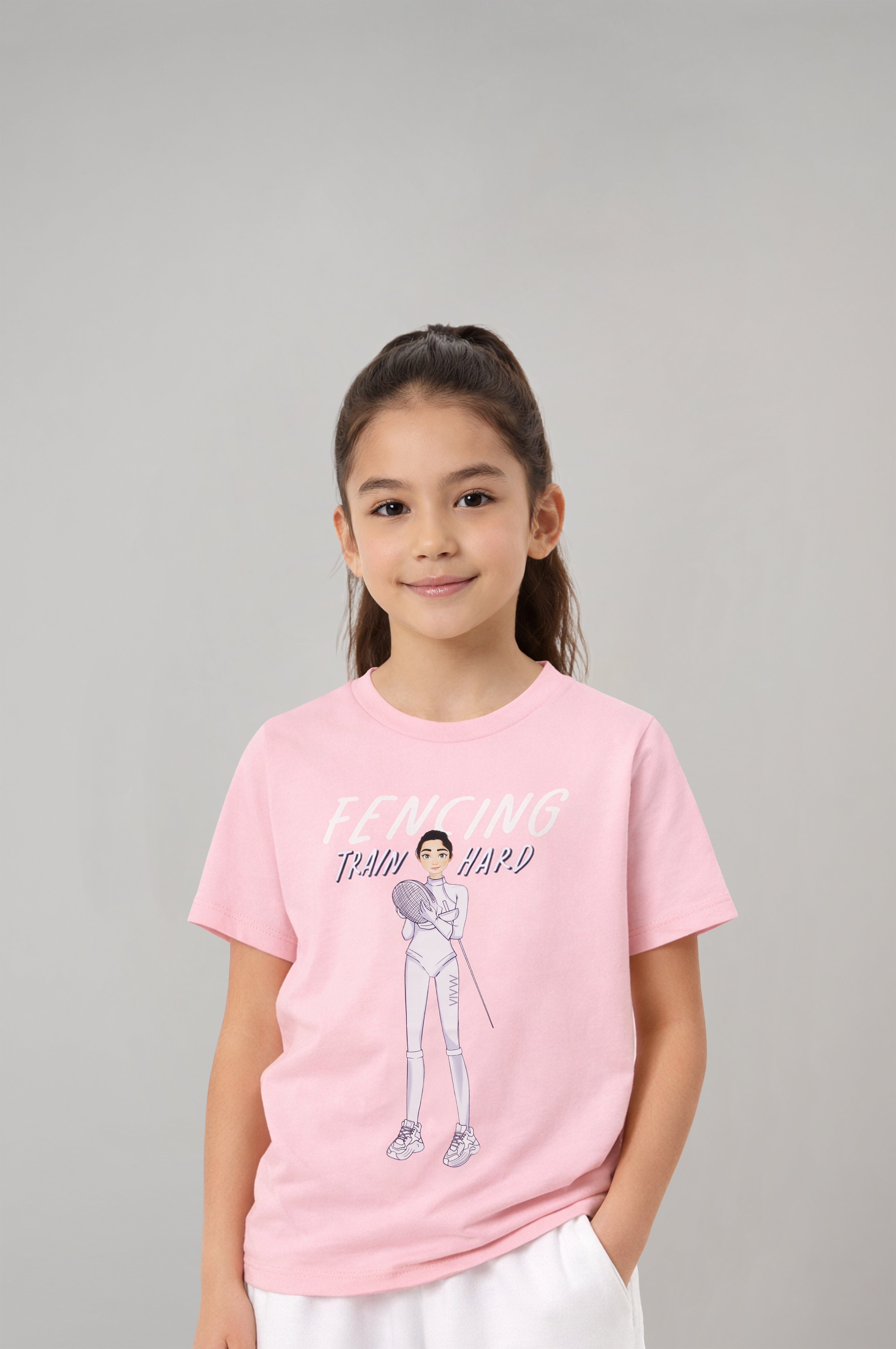Fencing Graphic Light Pink T-Shirt for Girls