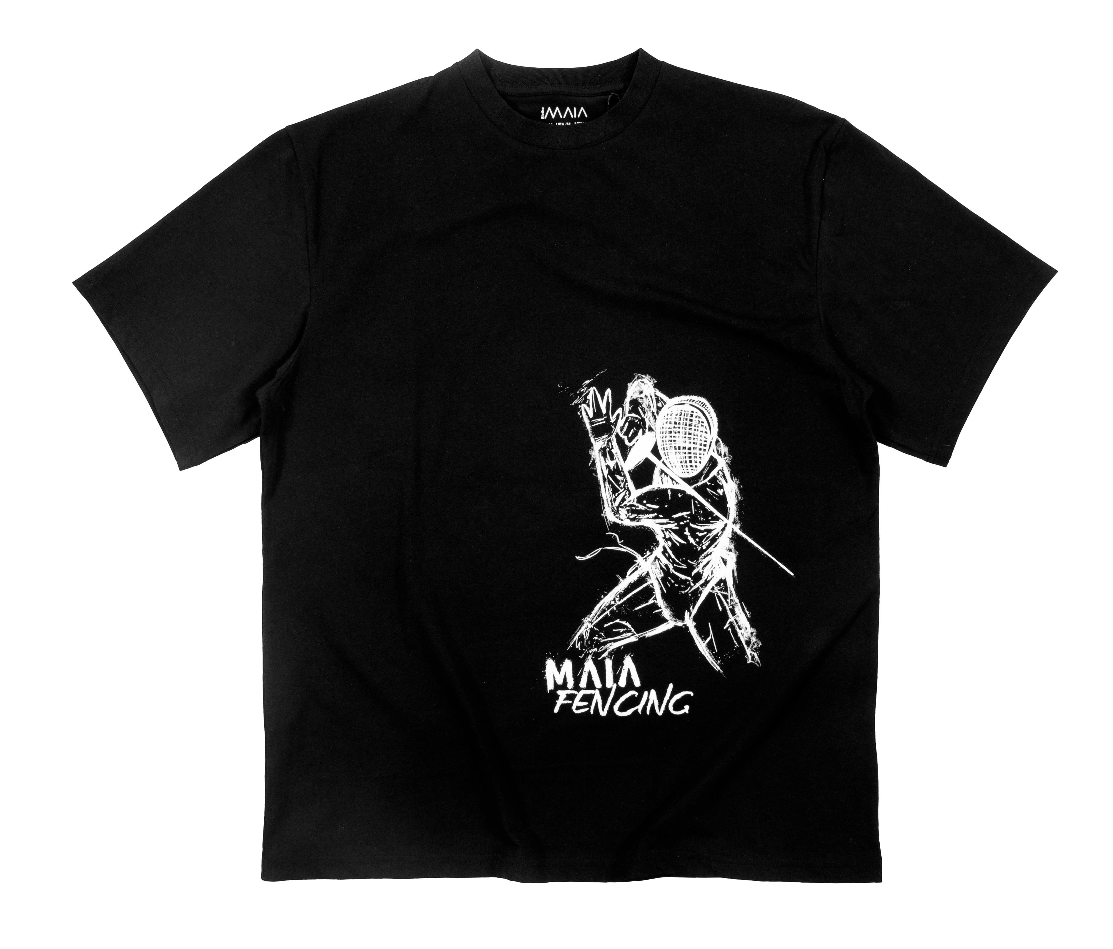 Men's Black Oversized T-Shirt with Embossed Fencing Print