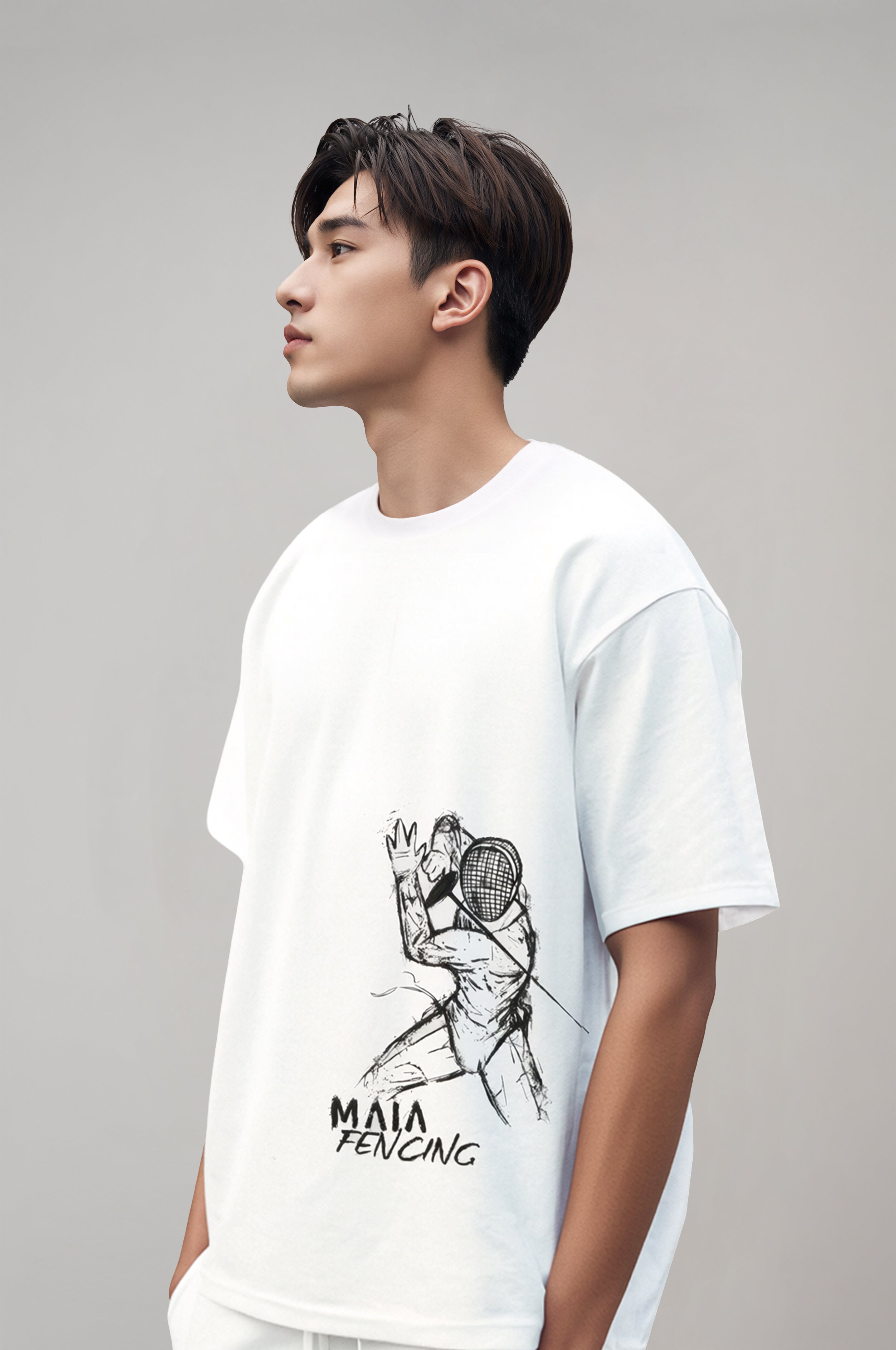 Men's White Oversized T-Shirt with Embossed Fencing Print