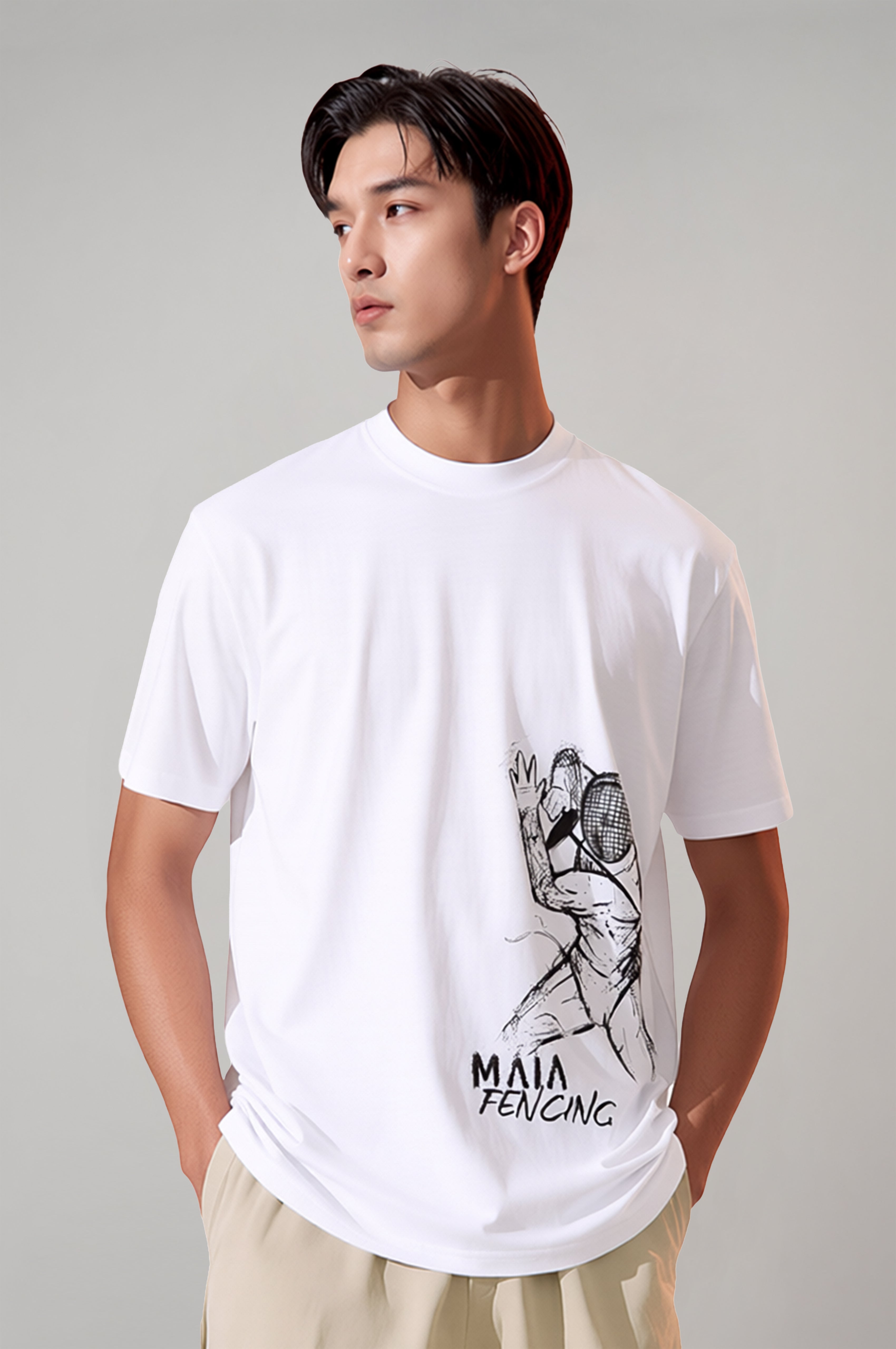 Men's White Oversized T-Shirt with Embossed Fencing Print