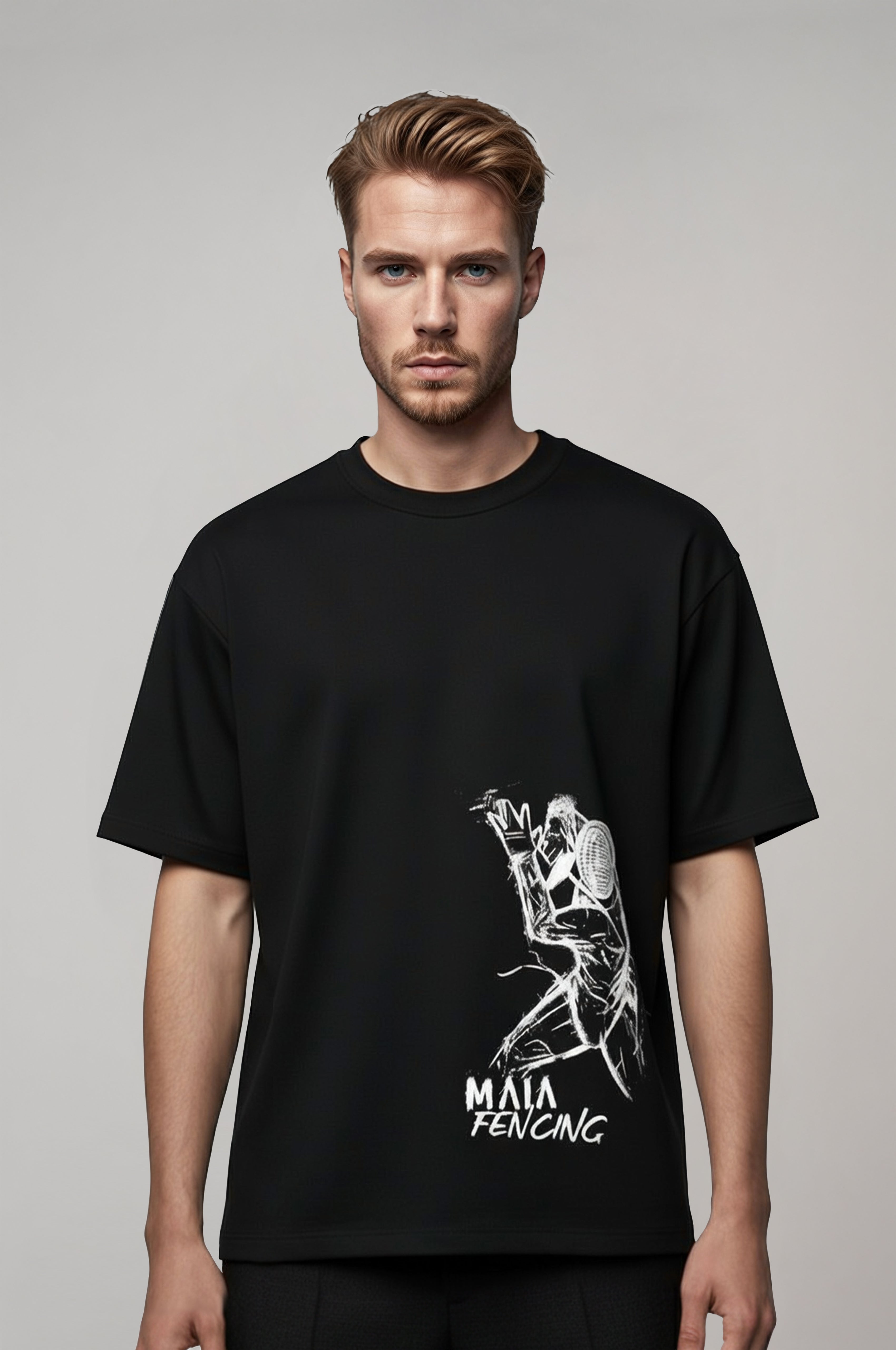 Men's Black Oversized T-Shirt with Embossed Fencing Print
