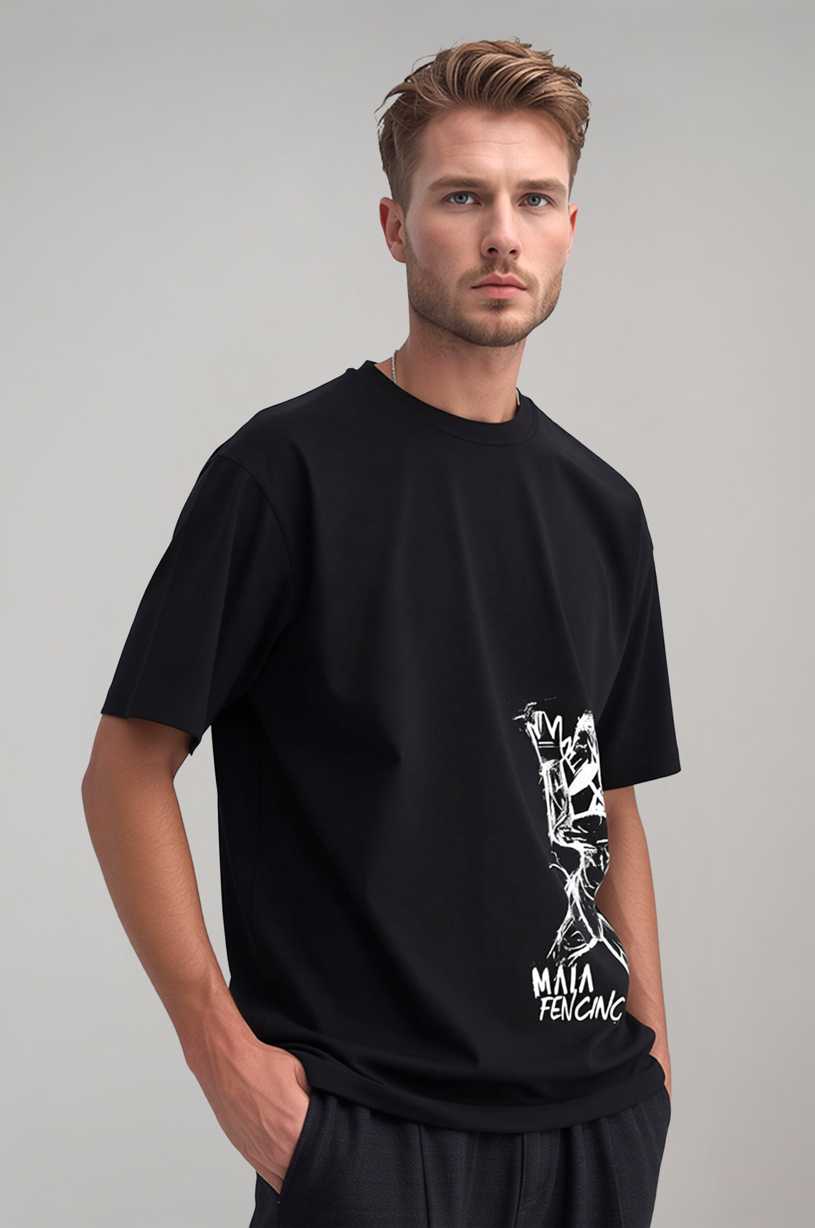 Men's Black Oversized T-Shirt with Embossed Fencing Print