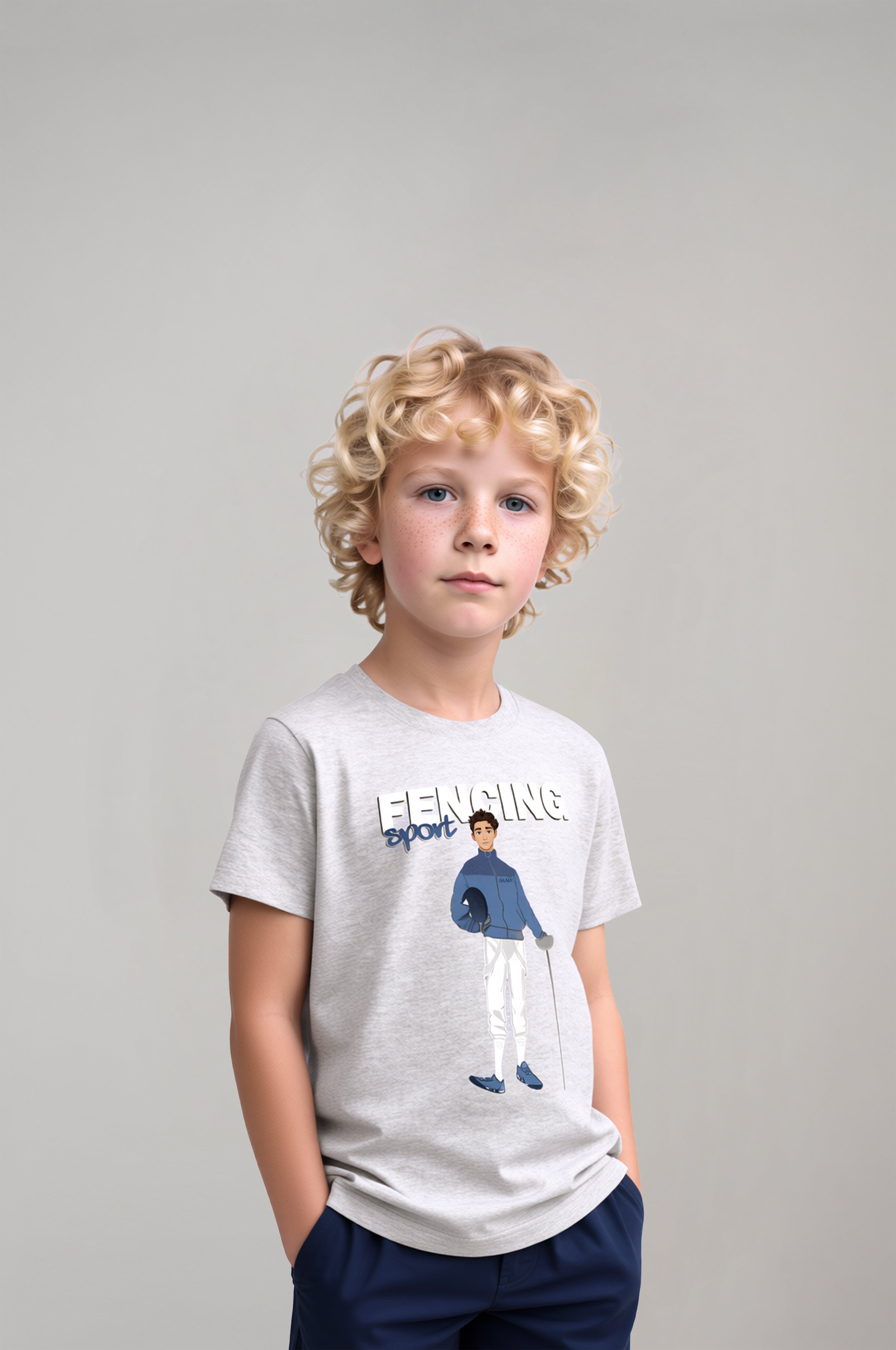 Boys’ Cartoon Fencer Graphic T-Shirt – Melange Grey