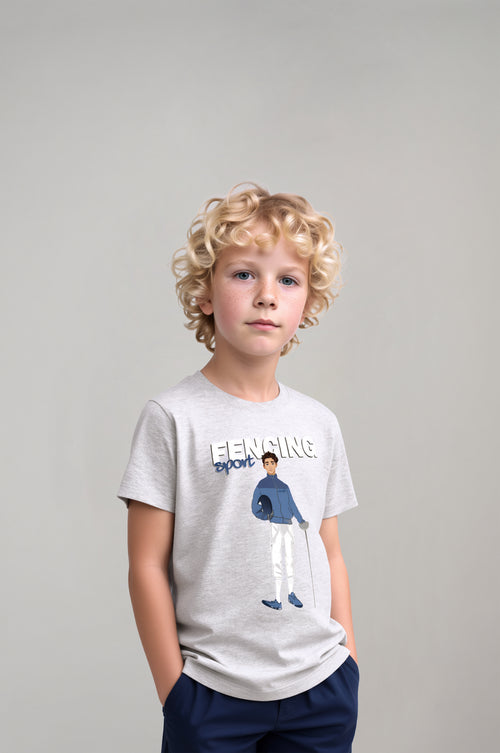 Boys’ Cartoon Fencer Graphic T-Shirt – Melange Grey