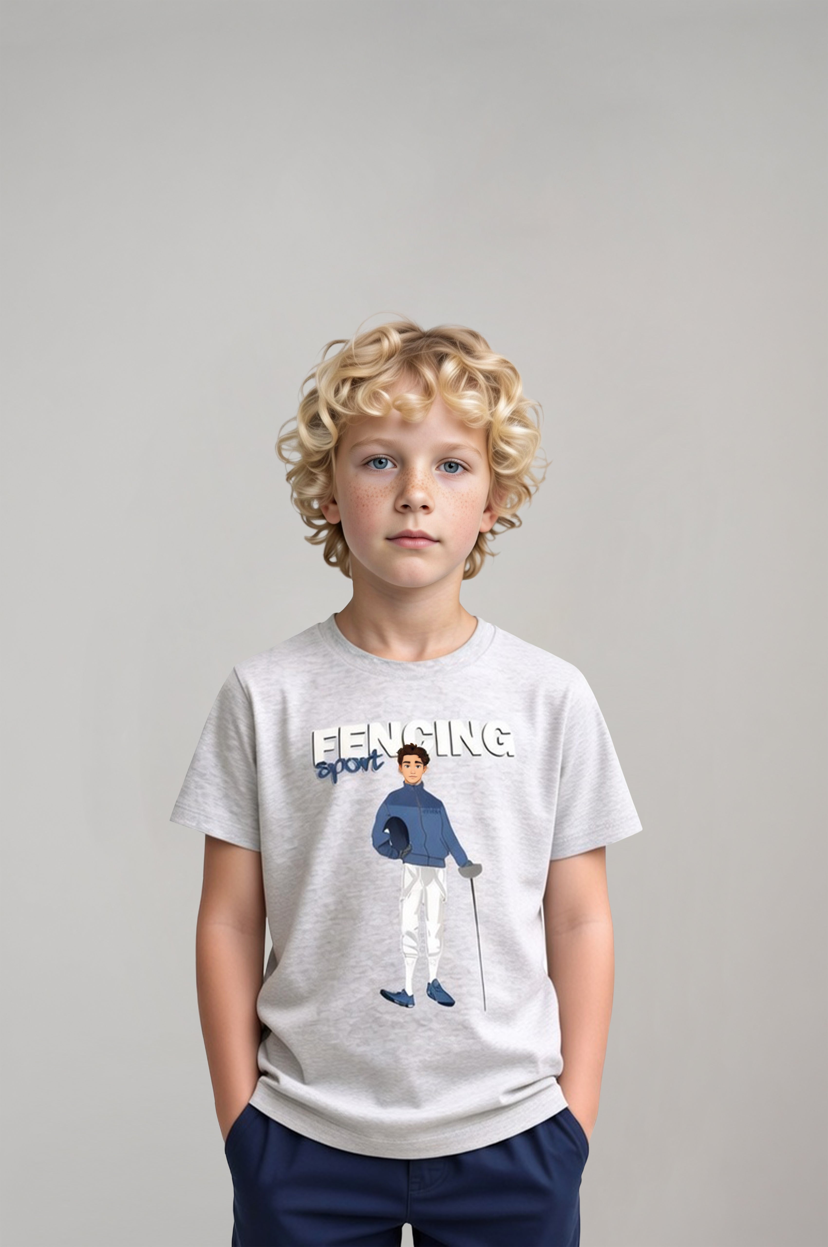Boys’ Cartoon Fencer Graphic T-Shirt – Melange Grey
