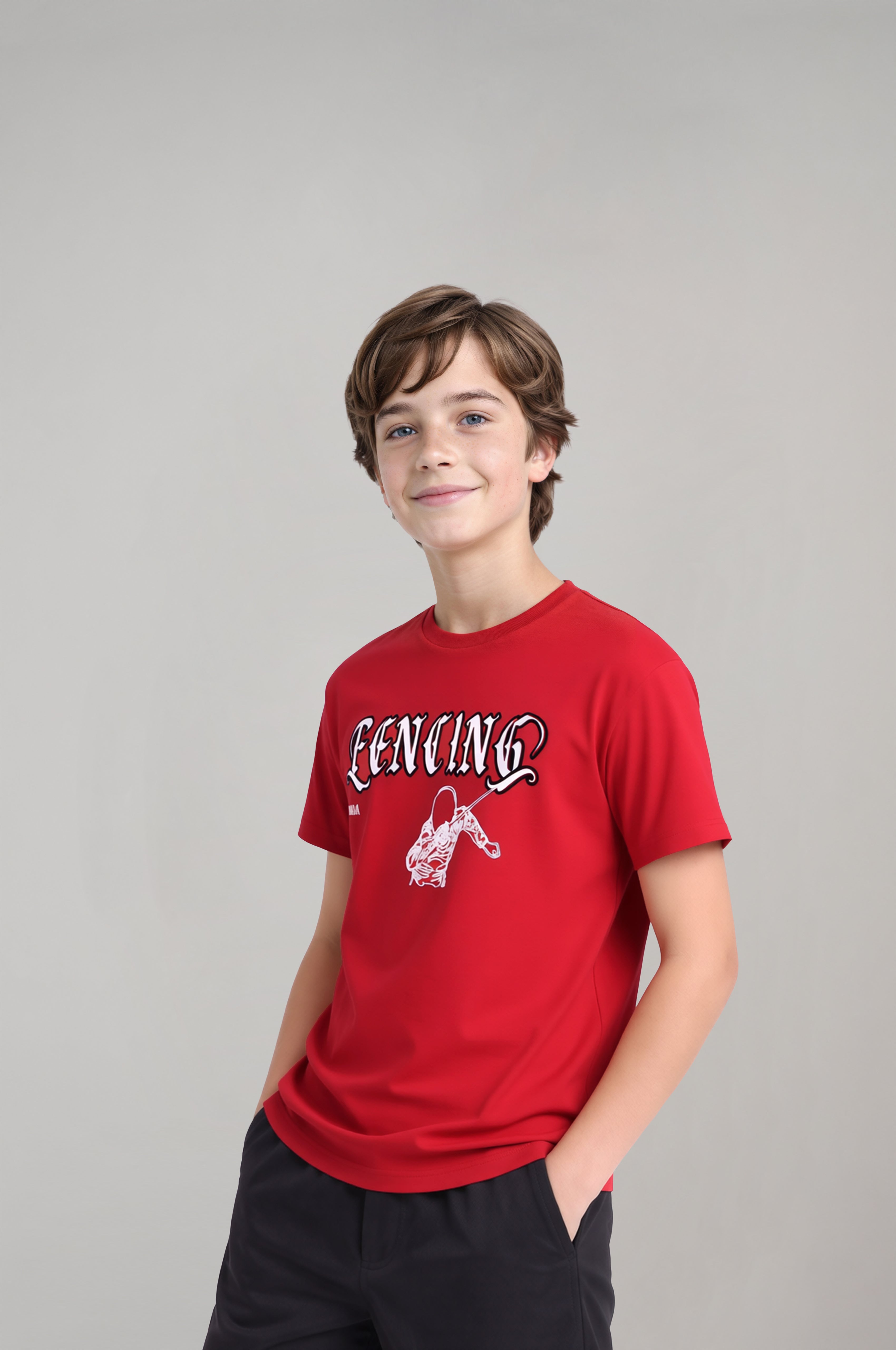 Boy's Red Fencing Embossed Printed T-Shirt