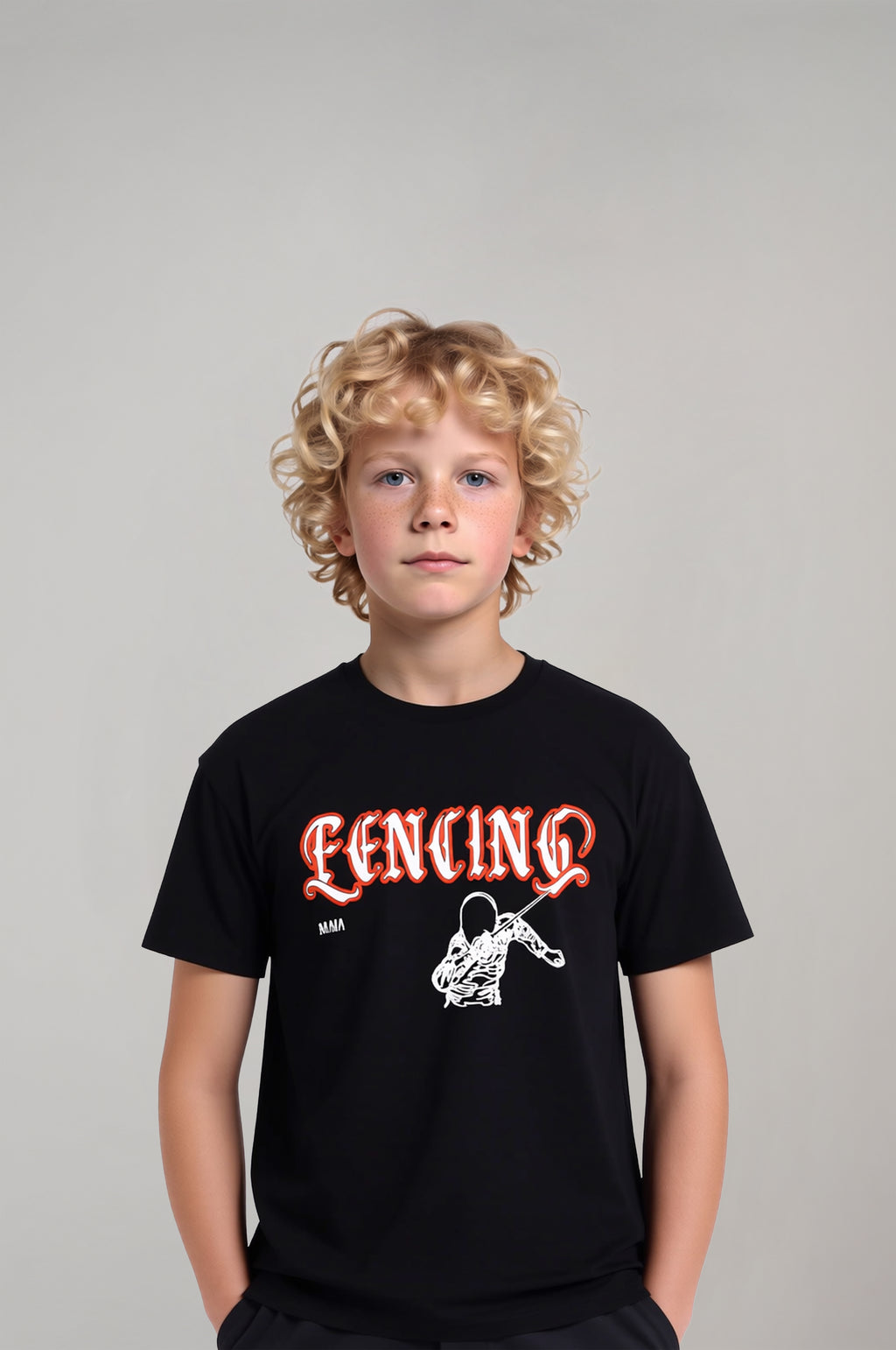 Boy's Black Fencing Embossed Printed T-Shirt