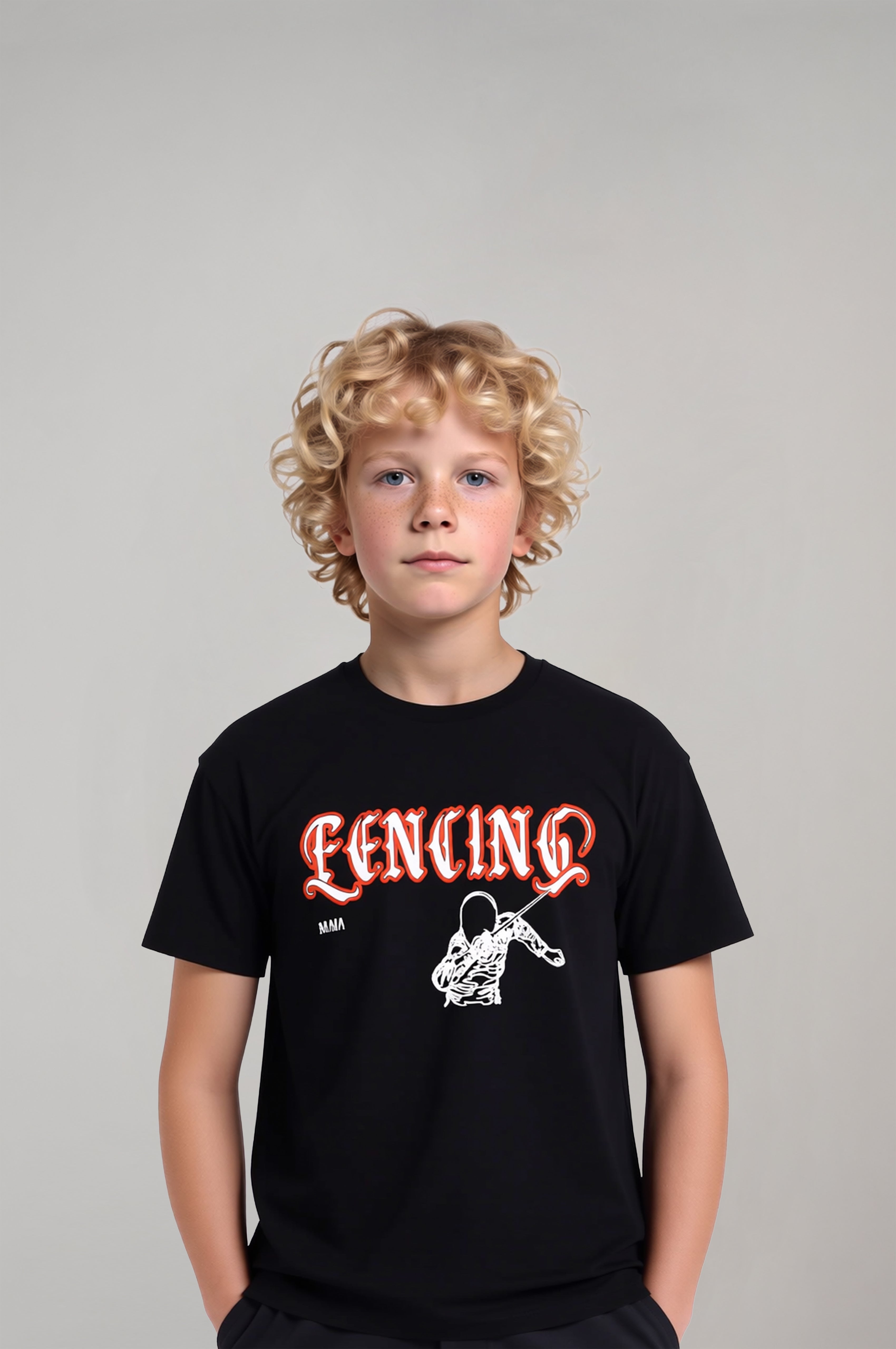 Boy's Black Fencing Embossed Printed T-Shirt