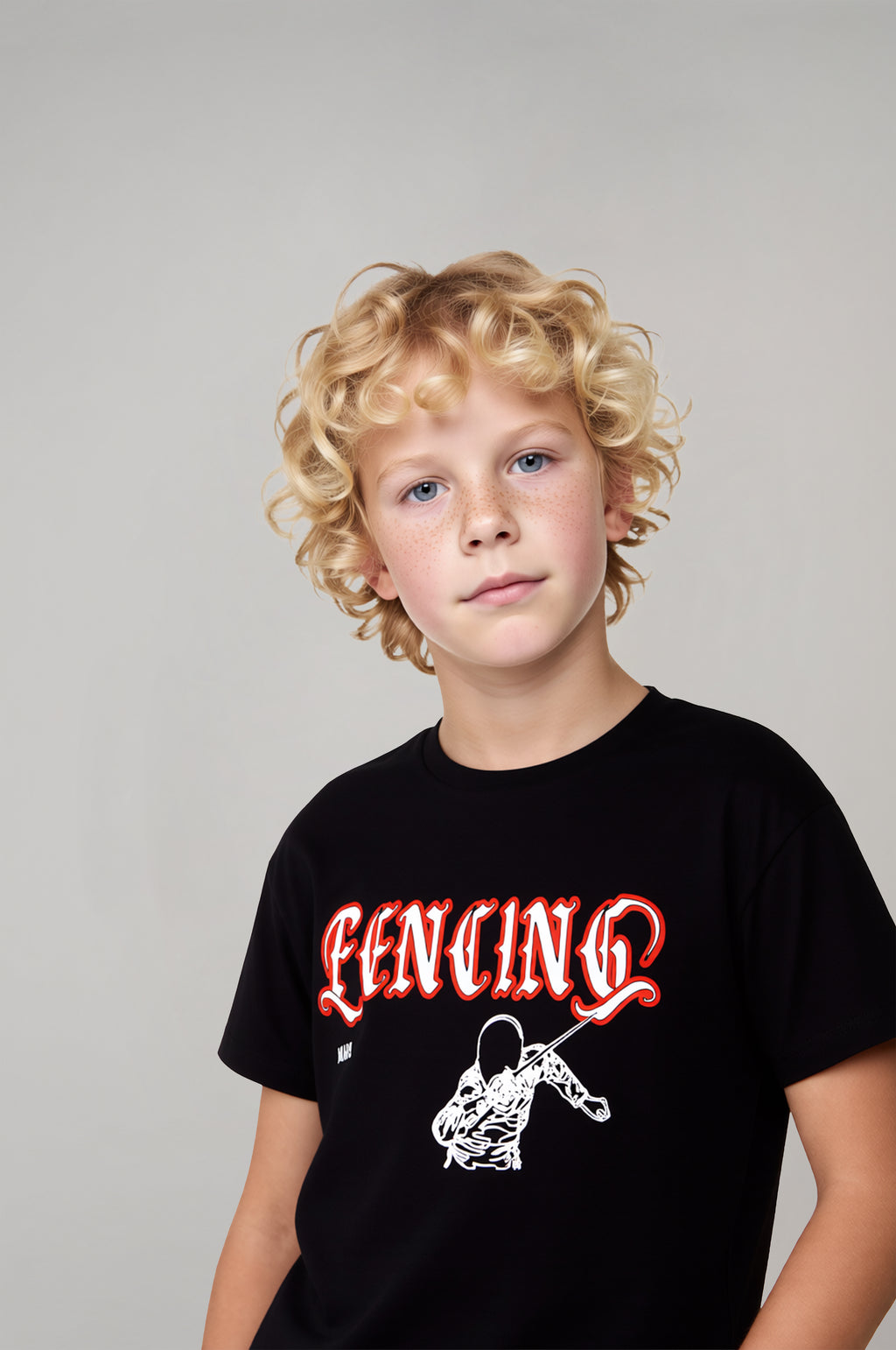 Boy's Black Fencing Embossed Printed T-Shirt