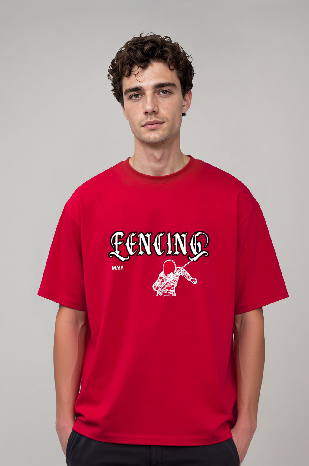 Men's Red Oversized T-Shirt with Fencing Puff Print