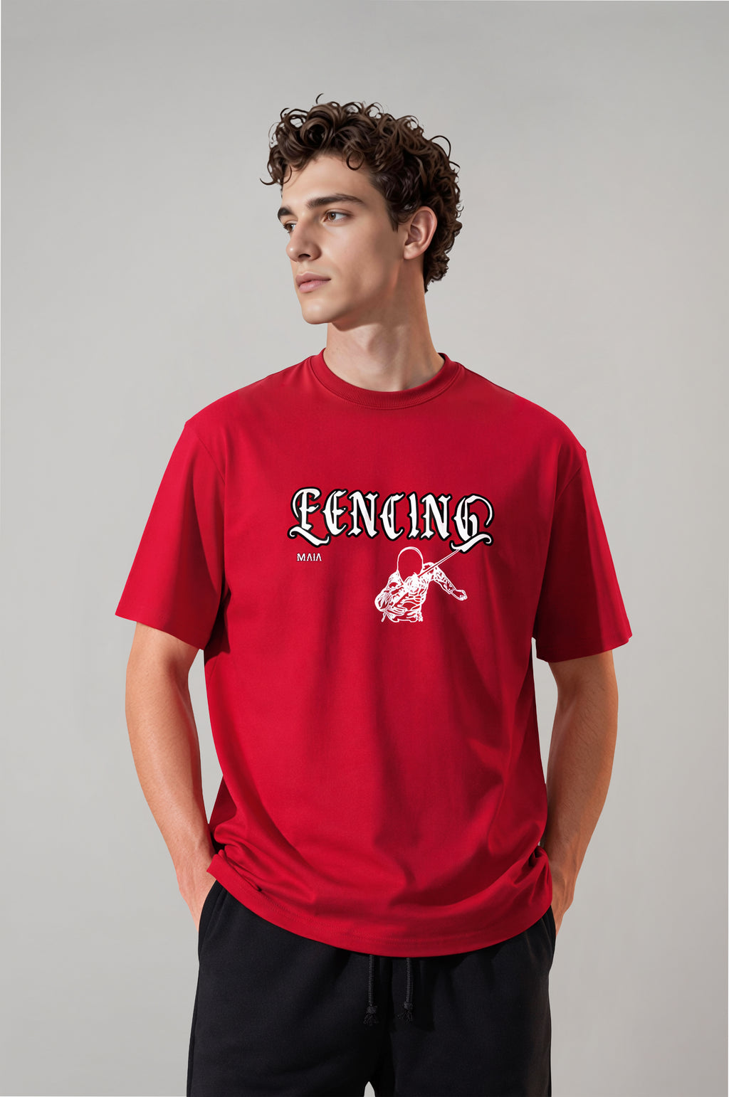 Men's Red Oversized T-Shirt with Fencing Puff Print
