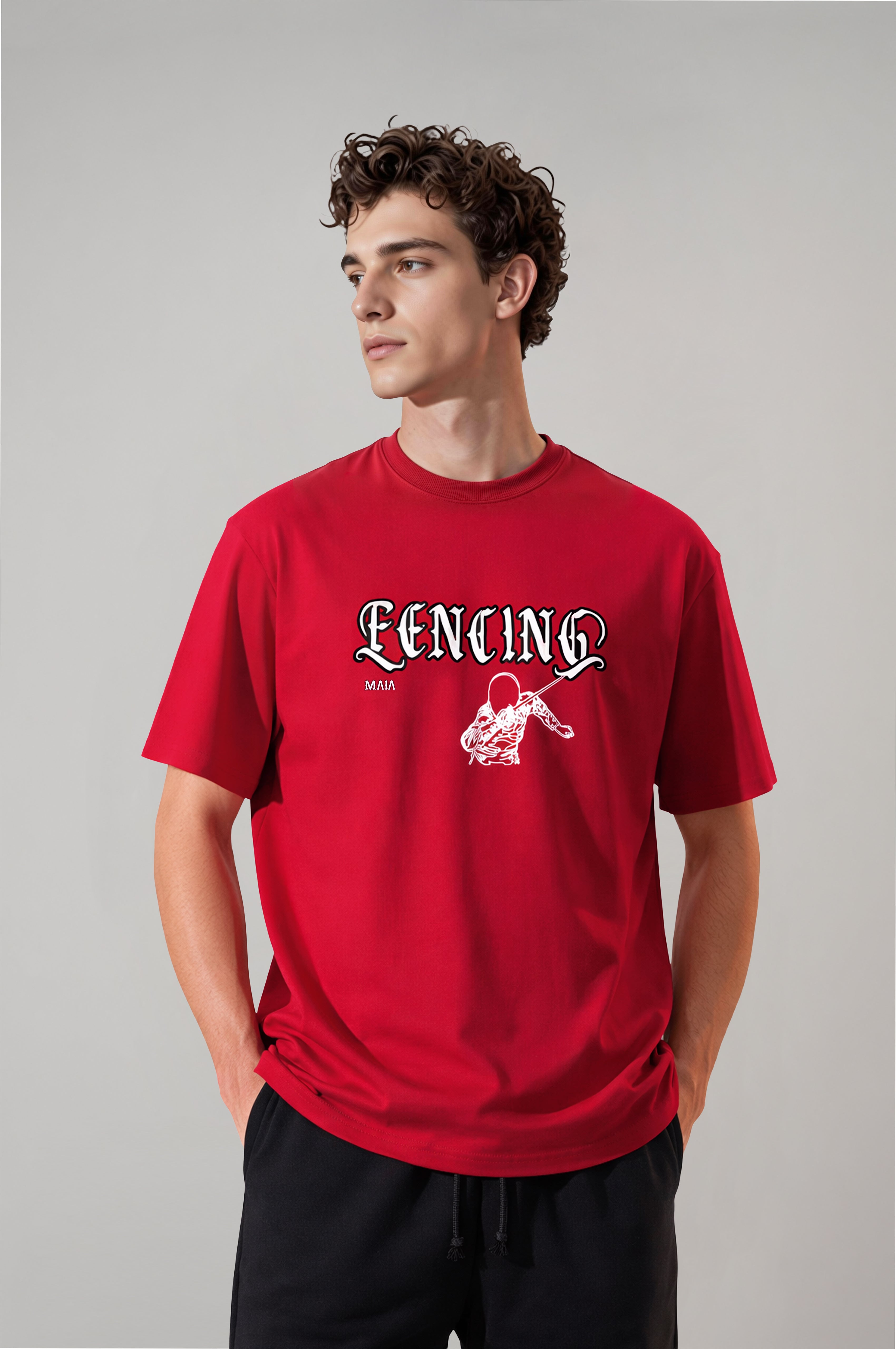 Men's Red Oversized T-Shirt with Fencing Puff Print