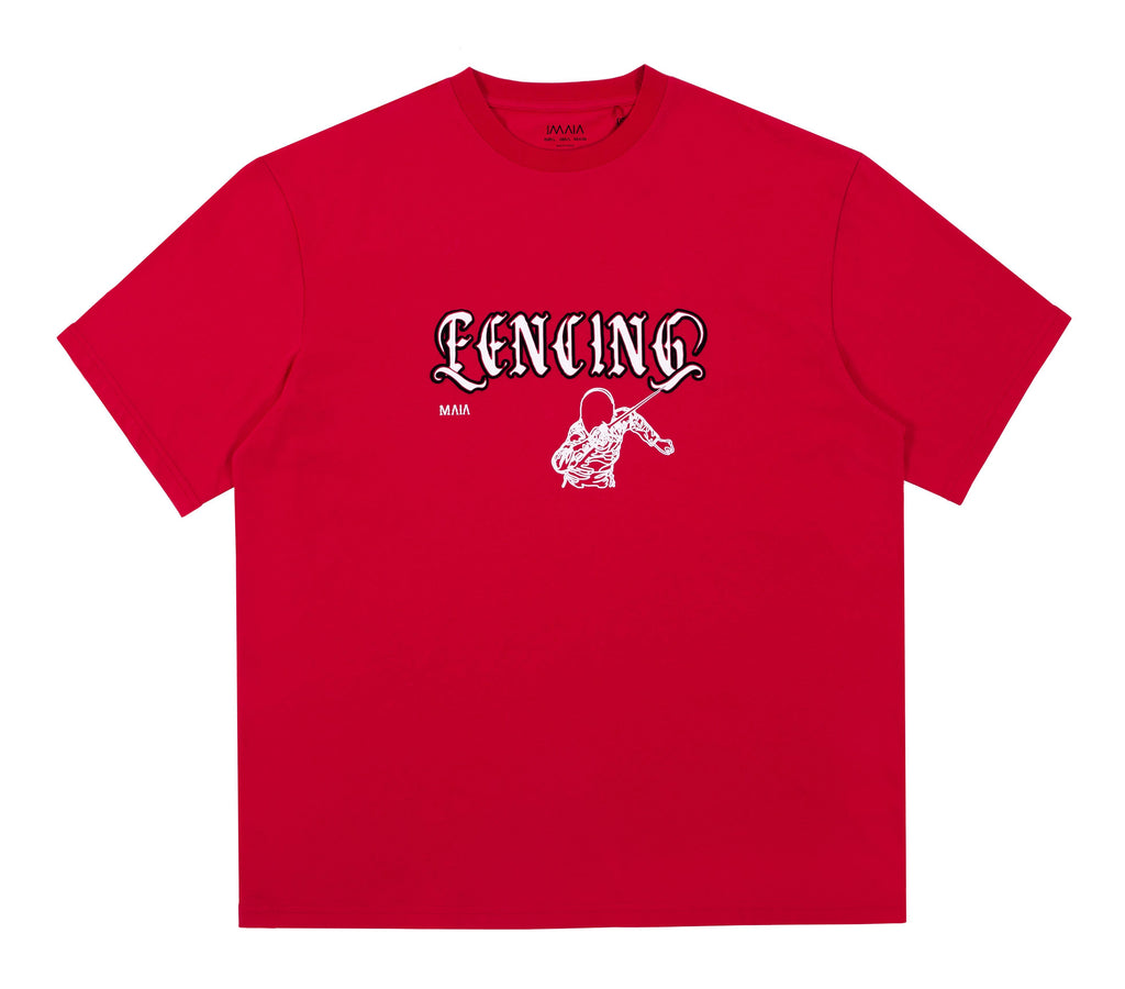 Men's Red Oversized T-Shirt with Fencing Puff Print