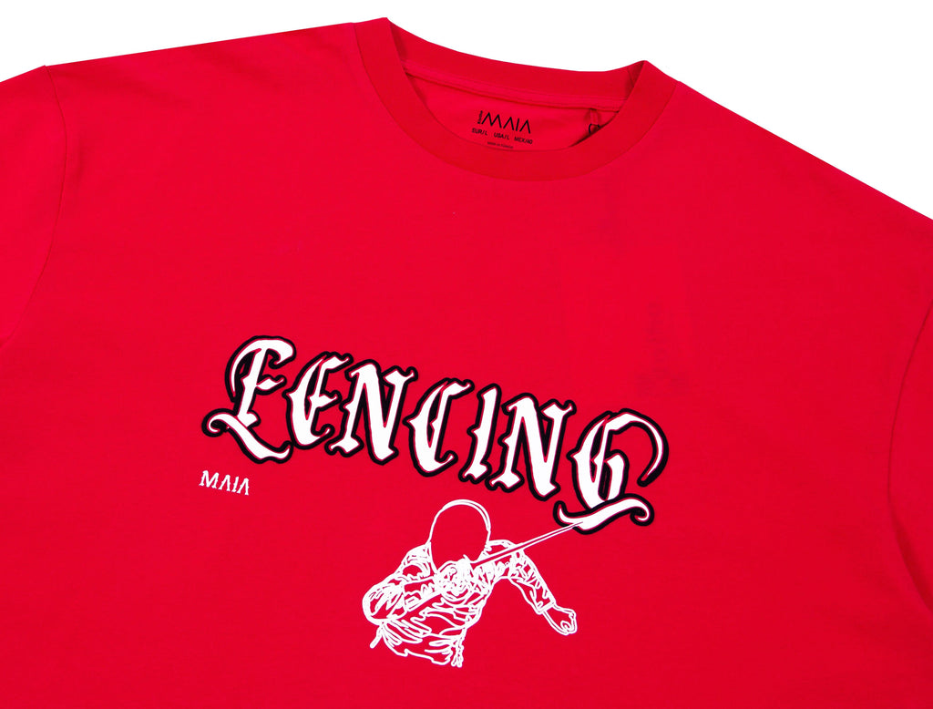 Men's Red Oversized T-Shirt with Fencing Puff Print