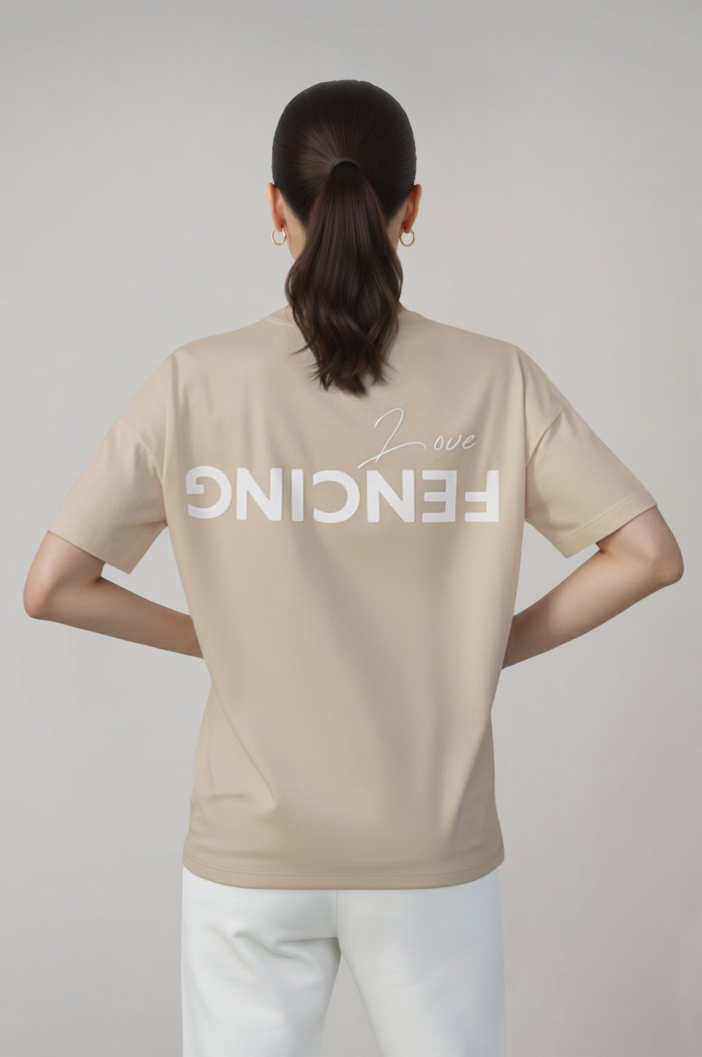 Women's Beige Oversized T-Shirt with Fencing Love Print