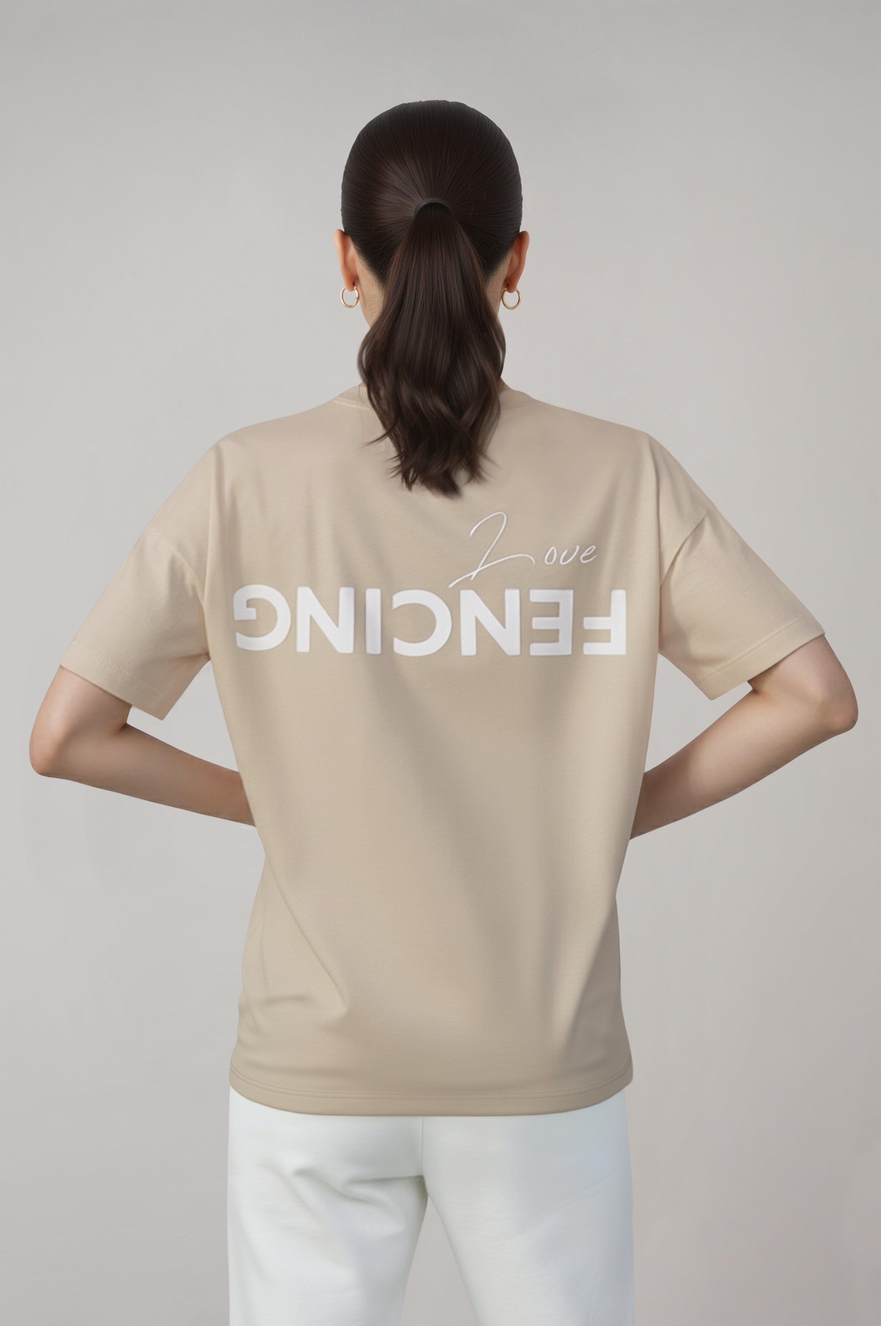 Women's Beige Oversized T-Shirt with Fencing Love Print