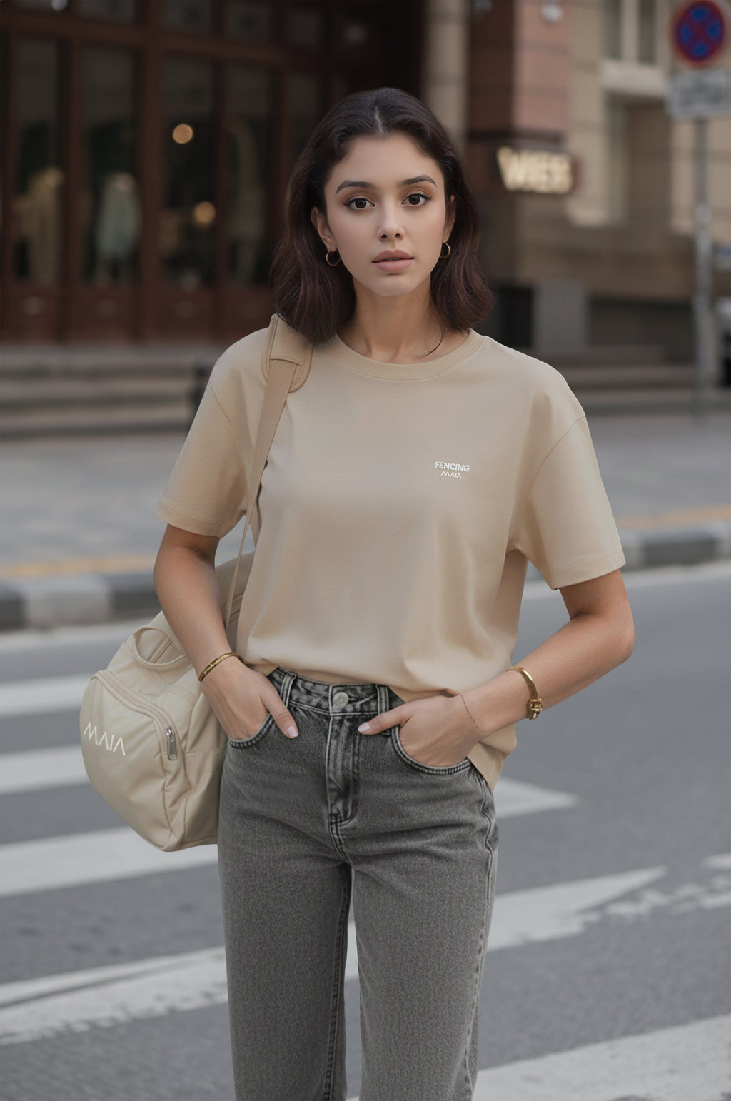 Women's Beige Oversized T-Shirt with Fencing Love Print